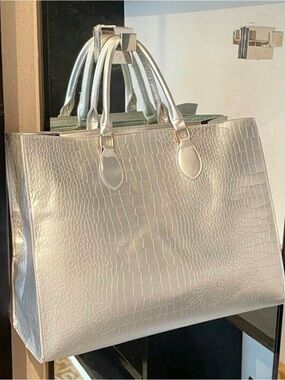 SHEIN Metallic Croc-Embossed Tote - Silver